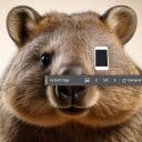 Ett foto på en vombat med en iPhone över ena ögat. Den har en textruta i mitten som föreställer en prompt som säger Ta bort öga.