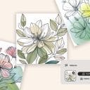 Tre AI-genererade bilder på blommor. Alla är i samma stil - vattenfärg och linjekonst.