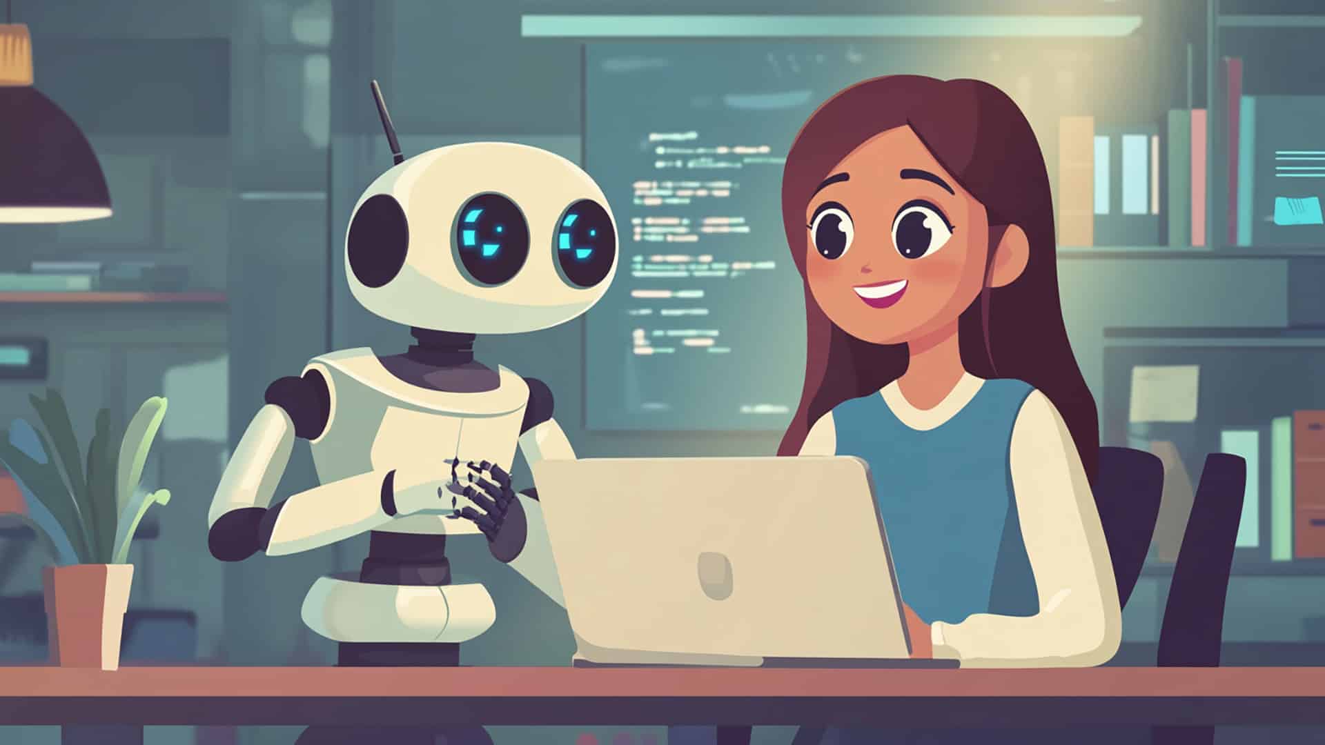 En illustrerad flicka som sitter vid en laptop med en robot bredvid sig.