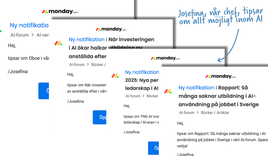 Skärmdump av flera notiser från en digital plattform där chefen Josefina delar tips om artiklar och rapporter inom AI. Bilden illustrerar hur en ledare kan inspirera till lärande genom att dela kunskap i vardagen.