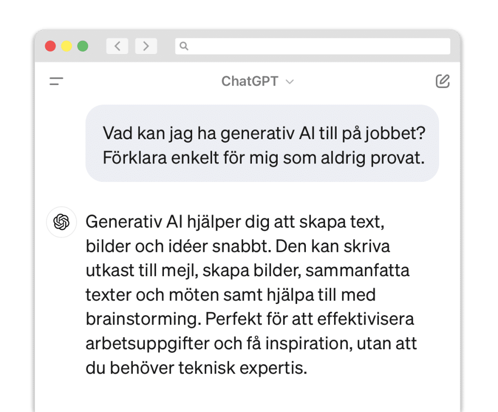 En prompt till ChatGPT med frågan vad kan använda generativ AI till på jobbet. ChatGPT ger ett utförligt svar.