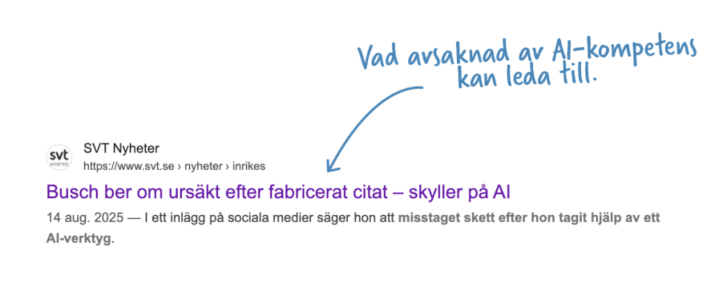 En skärmdump från Svt nyheter där Ebba Busch ber om ursäkt för sin avsaknad av AI-kompetens.