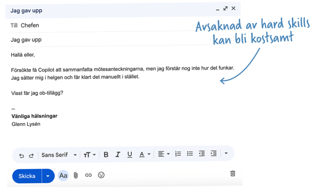 E-post där en medarbetare skriver att han gav upp försöken med Copilot och ska göra arbetet manuellt i stället, med handskriven text som säger: ”Avsaknad av hard skills kan bli kostsamt.”