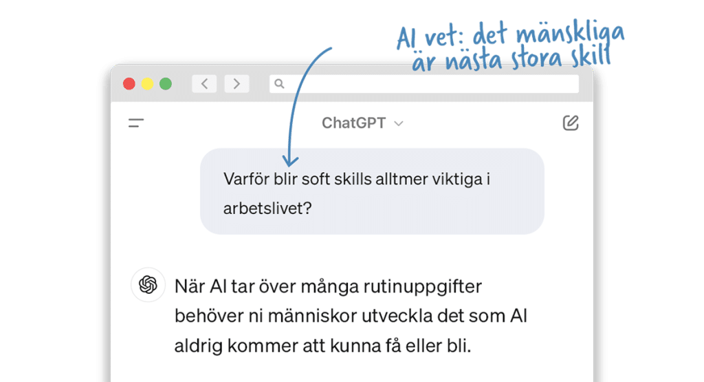 Skärmdump från en AI-chatt som förklarar varför soft skills blir viktigare när AI tar över rutinuppgifter. Handtexten säger: “AI vet: det mänskliga är nästa stora skill.”