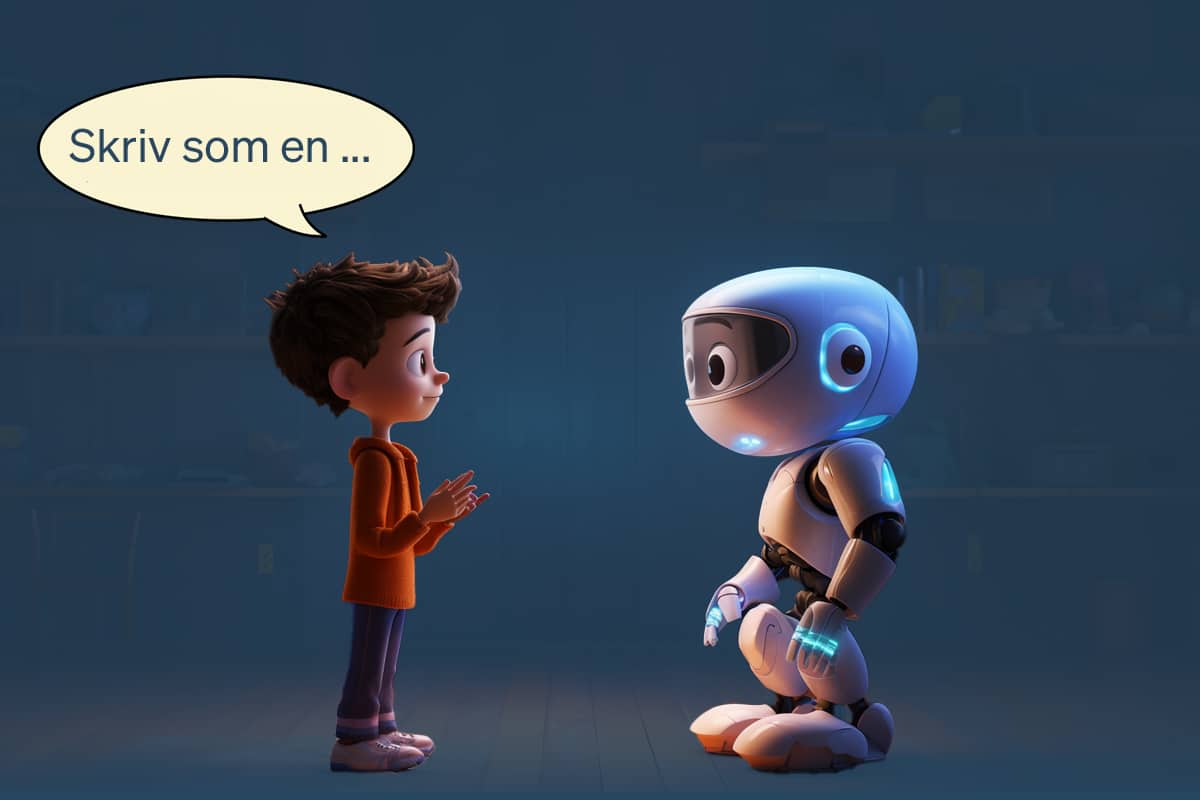 En ung pojke i orange tröja står framför en liten robot med blåa ljus i ett mörkt rum. Pojken håller händerna framför sig och pratar med roboten, som sitter på huk och lyssnar uppmärksamt. I en pratbubbla står texten: ”Skriv som en …”.