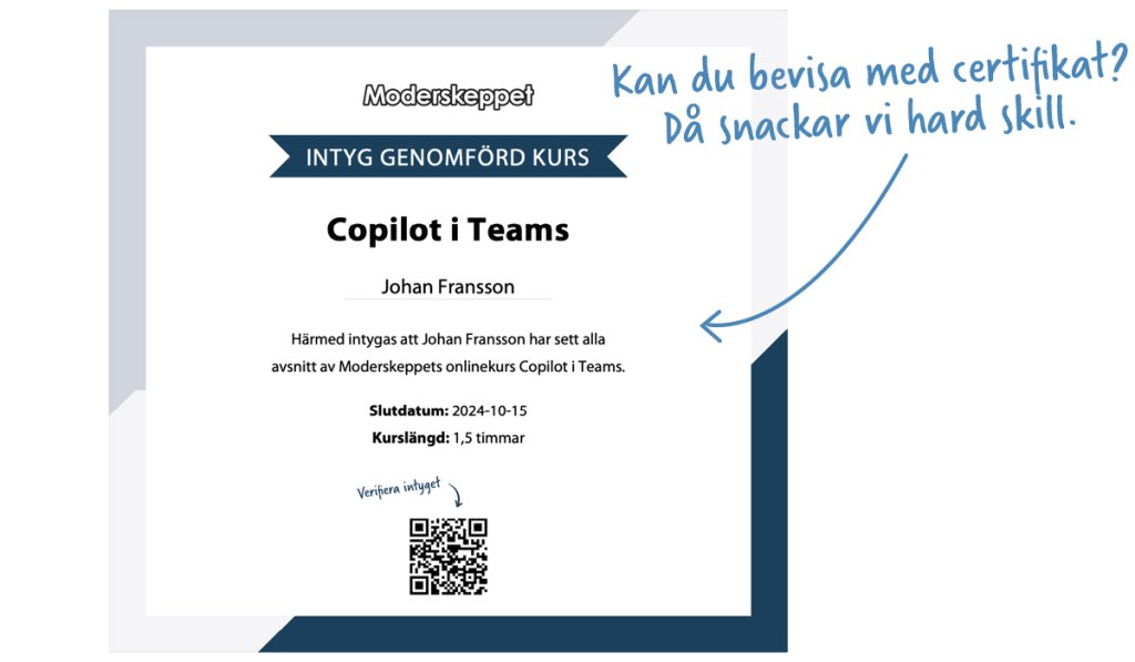 Intyg för genomförd kurs i Copilot i Teams med handskriven text som säger: ”Kan du bevisa med certifikat? Då snackar vi hard skill.”