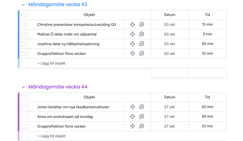 Skärmdump av en digital mötesagenda för ”Måndagsmöten 2025”, där punkter som “Christine presenterar kompetensutveckling Q3” och “Gruppreflektion förra veckan” finns med. Bilden visar hur lärande och reflektion kan vara en naturlig del av det veckovisa arbetet.