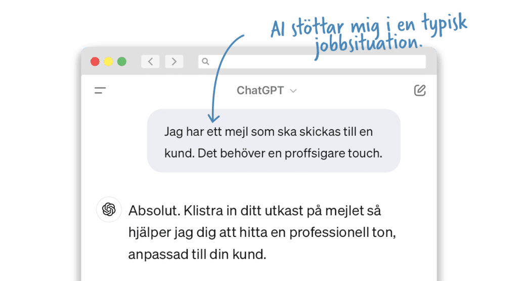 En chatt i ChatGPT där användaren ber AI att professionalisera ett mejl till en kund.