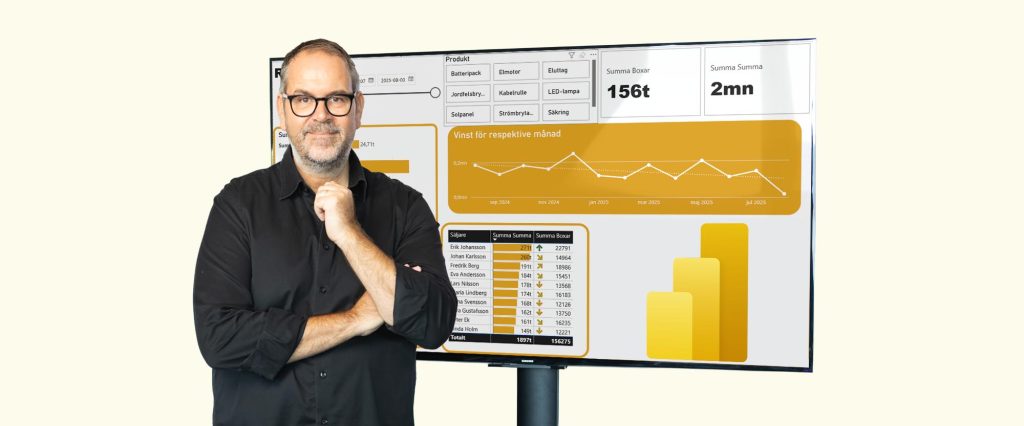 Peter står framför en datadashboard i Power BI.