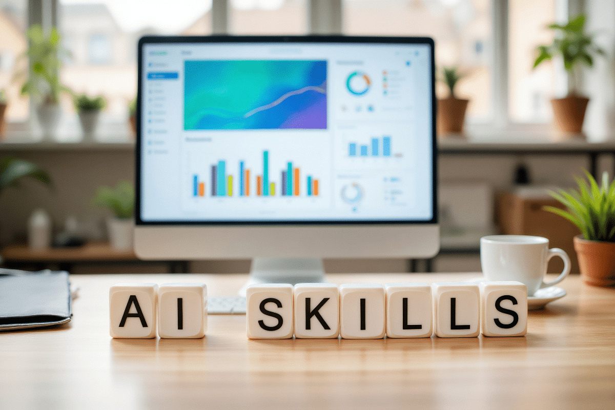 En datorskärm på ett skrivbord visar färgglada diagram och grafer. Framför skärmen står bokstavsklossar som bildar orden ”AI SKILLS”. På bordet finns också en kaffekopp, växter och en anteckningsbok, vilket skapar en modern kontorsmiljö.