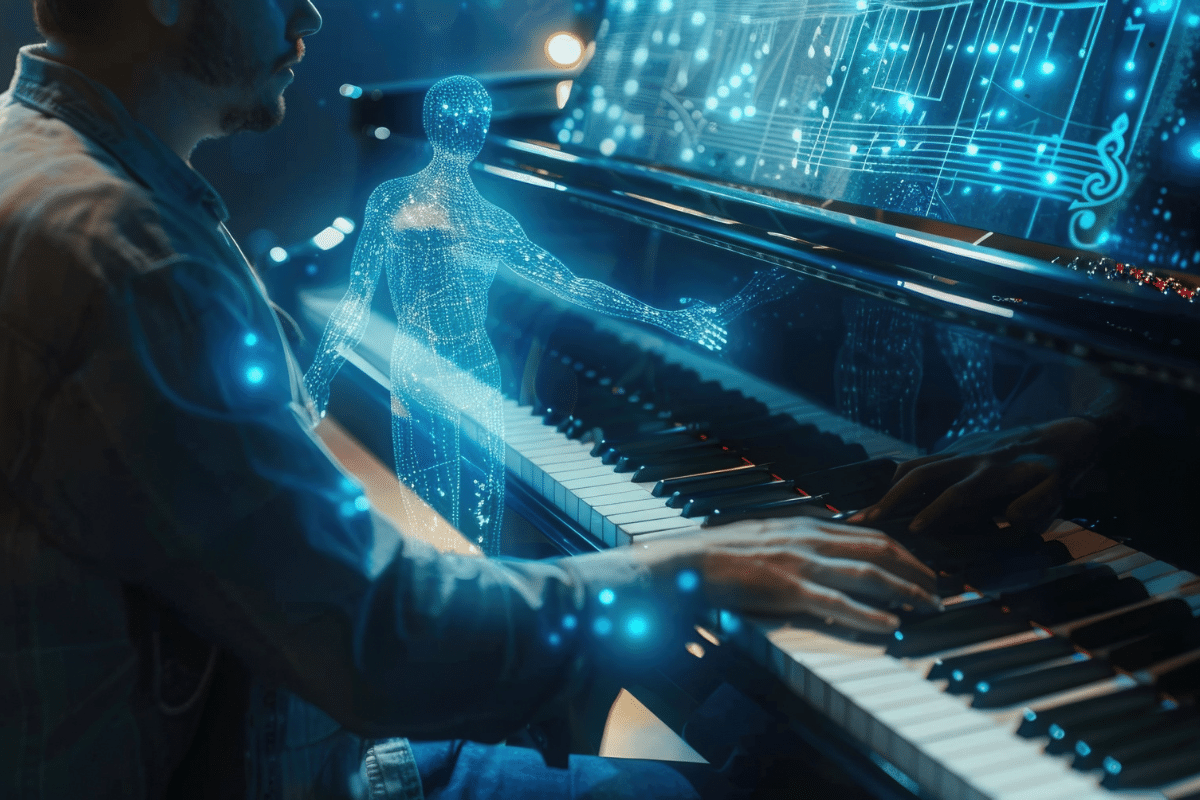 En person spelar piano medan en genomskinlig, blåglödande digital figur – en hologramliknande representation av AI – står bredvid och tycks samarbeta. På pianots blanka yta syns digitala ljuseffekter och noter, vilket symboliserar samspelet mellan människa och artificiell intelligens i skapandet av musik.