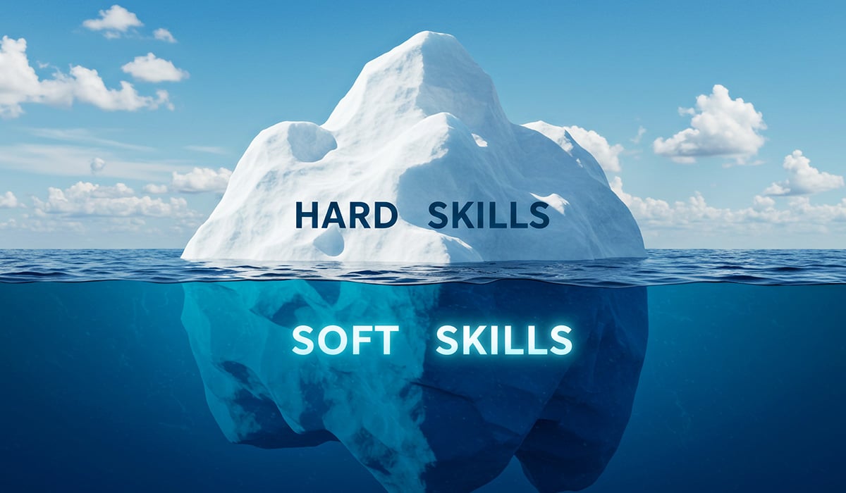 Ett isberg med texten "hard skills" på det som syns ovanför vattenytan och "soft skills" på det som finns under vattenytan.