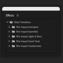Ett skärmklipp från Adobe Premiere Pros effektpanel som visar mappar för olika videoövergångar och effekter, som “Film Impact Animation” och “Film Impact Essentials”.