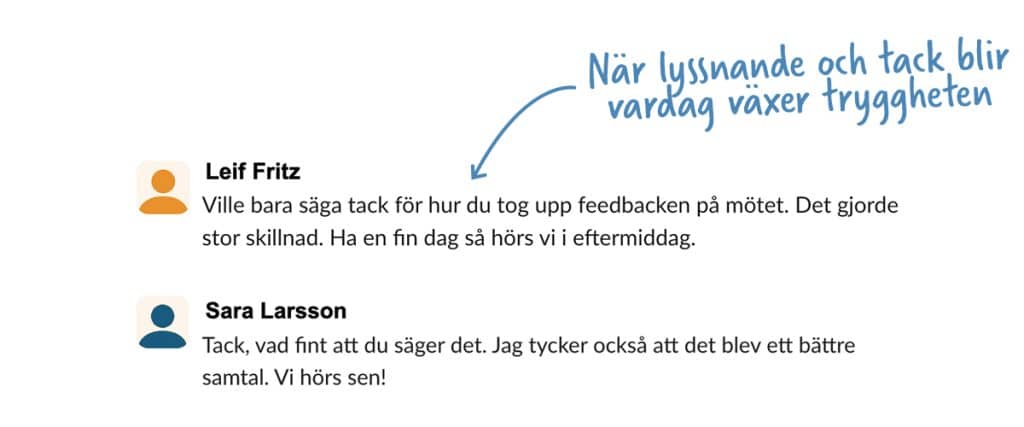 Två kollegor tackar varandra i en Slack-chatt efter ett möte. Bilden illustrerar hur lyssnande och uppskattning stärker trygghet och samarbete i teamet.