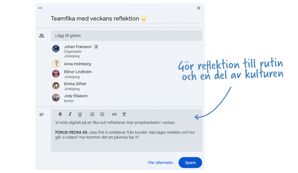 Skärmdump av en kalenderinbjudan med titeln ”Teamfika med veckans reflektion”. Bilden illustrerar hur reflektion och feedback kan bli en naturlig del av kulturen på jobbet.