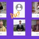 Ett kollage med fem porträttbilder av personer i olika miljöer och en tom plats i mitten markerad med en grå avatarikon och texten “Du?” i gul färg. Bilderna visar individer med namn och antal “looks” under varje bild: Jocelyn, Gala, Roman, Fernando och Timothy. Bakgrunden är lila.