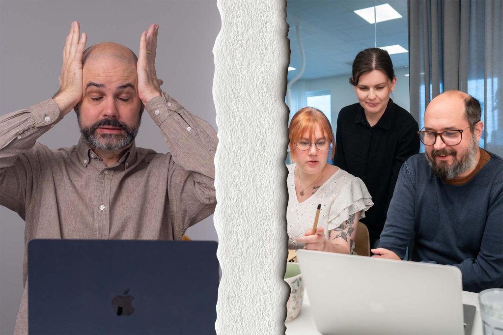 En medarbetare arbetar långsamt med stress medan andra mer effektivt tillsammans.