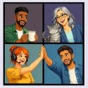 Illustration av fyra personer i ett videomöte som uppvisar gemenskap