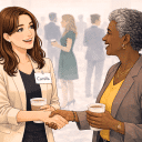 Två kvinnor nätverkar på ett event och skakar hand medan de samtalar och håller kaffekoppar.