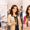 Kvinna bygger sitt personliga varumärke i olika sammanhang och med olika ton: presenterar på möte, nätverkar på event och använder sociala medier i mobilen.