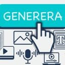 En illustration med en stor blå knapp där det står “GENERERA” och en pekande handikon som klickar på knappen. Under knappen syns ikoner för olika typer av innehåll: dokument, bilder, text, video, ljudinspelning och presentationer. Bilden symboliserar skapande av digitalt innehåll med hjälp av AI eller automatiserade verktyg.