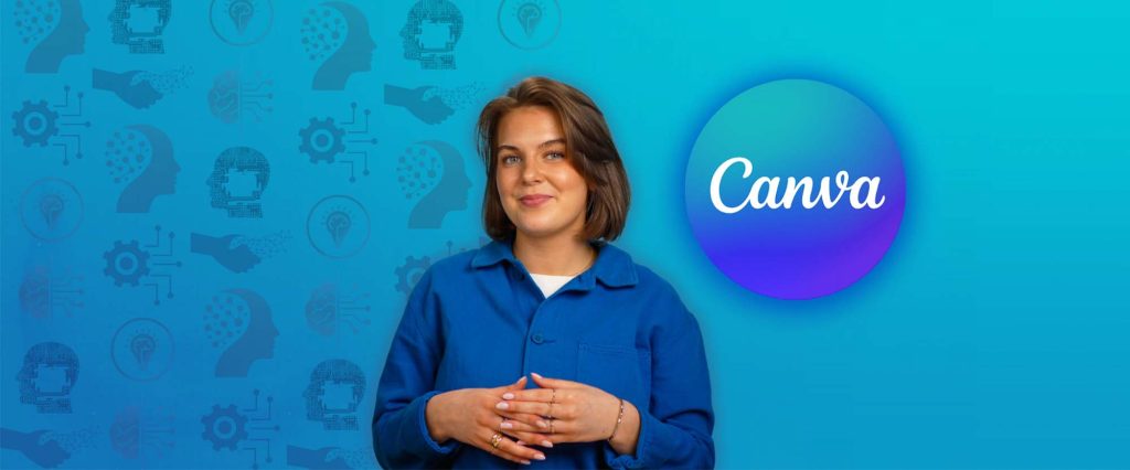 En kvinna i blå skjorta står framför en blå bakgrund med ikoner som symboliserar teknik och AI. Ovanför henne syns Canva-logotypen, Bilden antyder en kurs om hur artificiell intelligens används i Canva.