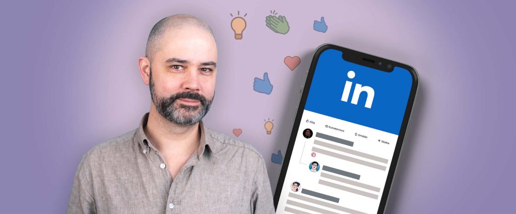 Fredrik Larsson, lärare i Moderskeppets kurs LinkedIn, mot lila bakgrund bredvid en mobil med Linkedin-gränssnitt på skärmen.