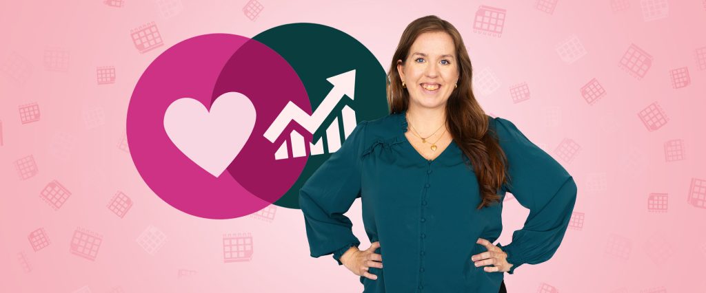 Omslagsbild för kursen Hållbar medarbetare där läraren Sandra Furulund posterar mot en rosa bakgrund med ikoner som illustrerar välmående och prestation.