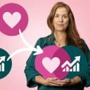 En kvinna håller en rosa cirkel med texten ”Hälsa & Prestation” – målet för en hållbar medarbetare – som sammanför två pilar från separata cirklar med orden Hälsa och Prestation.