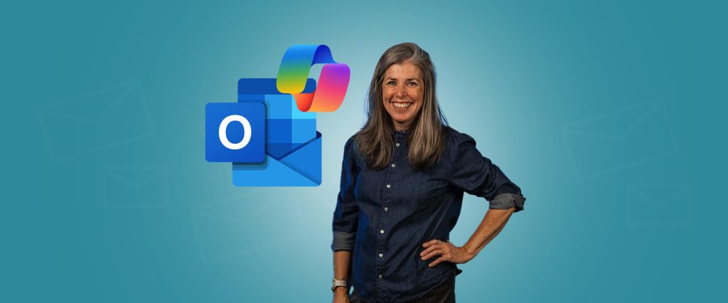 Angelica står tillsammans med loggorna för Outlook och Copilot.