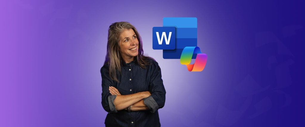 Omslagsbild för onlinekursen Copilot i Word med läraren Angelica Rydellius som tittar på Word och Copilots ikoner.