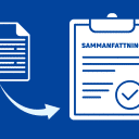 Illustration av ett textdokument som omvandlas till en sammanfattning på en skrivplatta, markerat med rubriken ‘Sammanfattning’ och en bock.