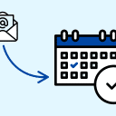 Illustration av ett mejl som förvandlas till en kalenderhändelse, symboliserat av en blå pil från ett kuvert med @-symbol till en kalender med markerad dag och en bock.