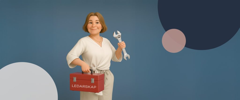 Illustration av en kvinna som håller en röd verktygslåda märkt “Ledarskap” och en skiftnyckel.