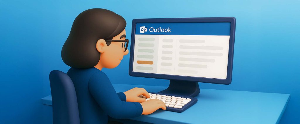 Illustration av en person vid dator som arbetar i Outlook, med inkorgen öppen på skärmen.