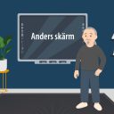 Illustration av en äldre man framför en stor skärm med texten “Anders skärm”, i ett rum med växt och bokhylla.