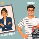 Illustration av en målgrupp i ett uppsatt porträtt och en kund som håller en verktygslåda, med texten ‘Målgrupp’ och ‘Kund’.