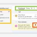 Skärmbild från Outlook som visar inkorgen med mappar, prioriterad e-post och ett flaggat mejl för uppföljning.