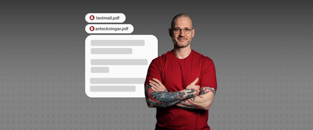 Man med glasögon, röd tröja och korslagda armar framför en illustration av en chattbubbla och filerna ”textmall.pdf” och ”anteckningar.pdf”.