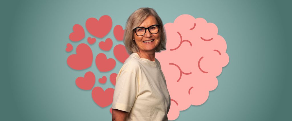 Omslagsbild för kursen Emotionell intelligens med en kvinna framför symboler för hjärta och hjärna.