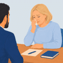 Illustration av ett utvecklingssamtal där en medarbetare gråter och chefen sitter mittemot och lyssnar.