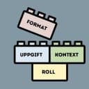 Illustration av fyra byggklossar med orden Roll, Uppgift, Kontext och Format, som tillsammans visar hur en AI-prompt kan byggas upp.