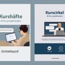 Bild på två stödmaterial till kursen AI för projektledare från Moderskeppet. Till vänster ett kurshäfte med en illustration av en kvinna som arbetar med AI vid en dator. Till höger en kurscirkel med en bild av läraren framför en dator samt information om gruppdiskussioner för 2–4 personer under 30–45 minuter.