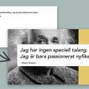 Två versioner av en presentationsslide med ett citat av Albert Einstein. Den förbättrade versionen har större text, ett porträtt och gul accentfärg.