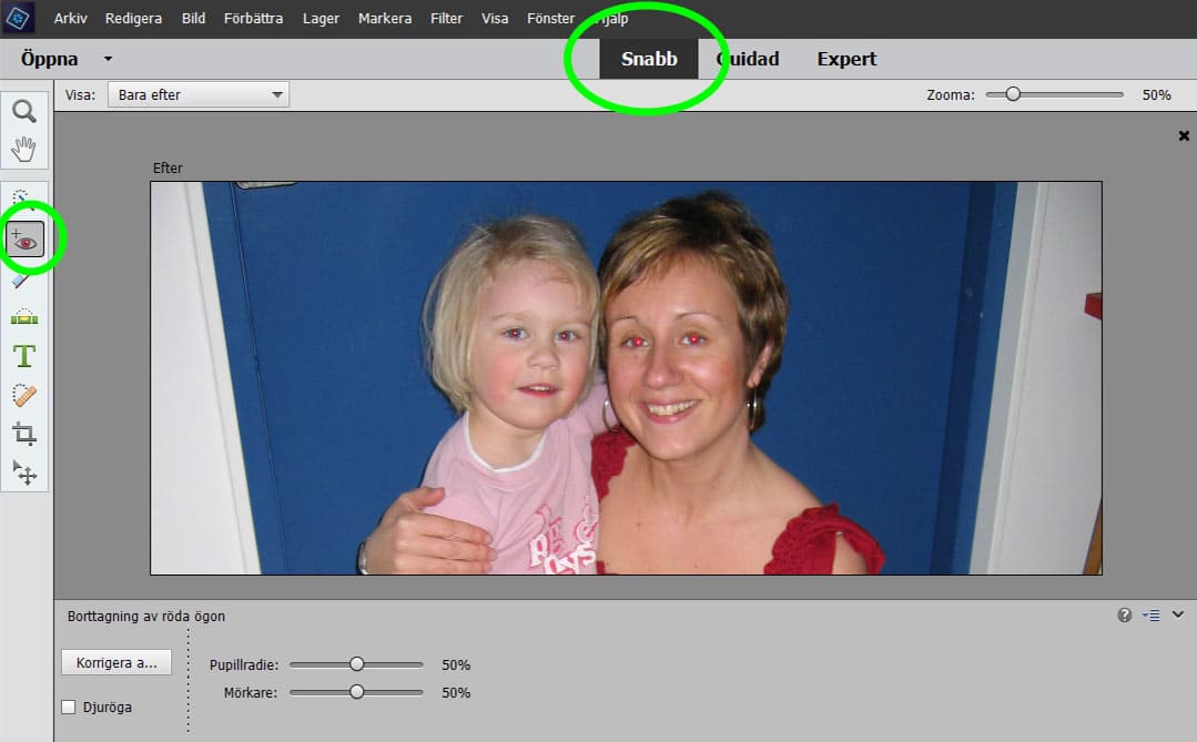 ta bort röda ögon med Photoshop Elements